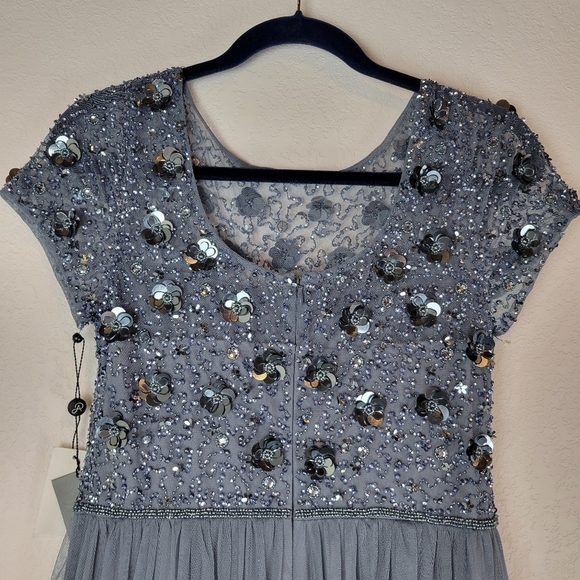 NWT Adrianna Papell Floral Beaded Top w/Tulle Chiffon Gown in Dusty Blue Size 6 - Picture 5 of 15